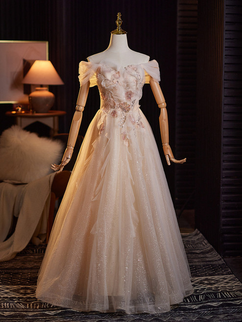Simple Champagne Tulle Sequins Beading Prom Dress