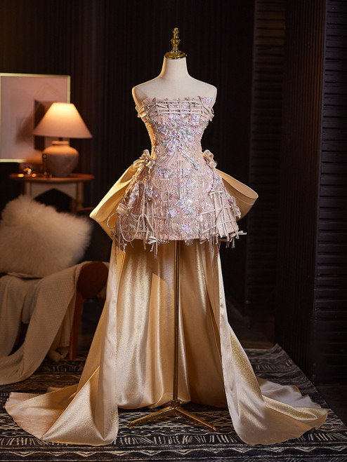 Champagne Sequins Strapless Beading Homecoming Dress
