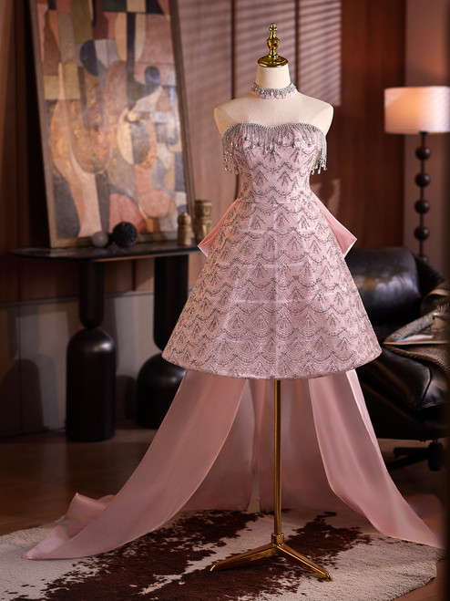 Pink Tulle Sequins Strapless Beading Homecoming Dress