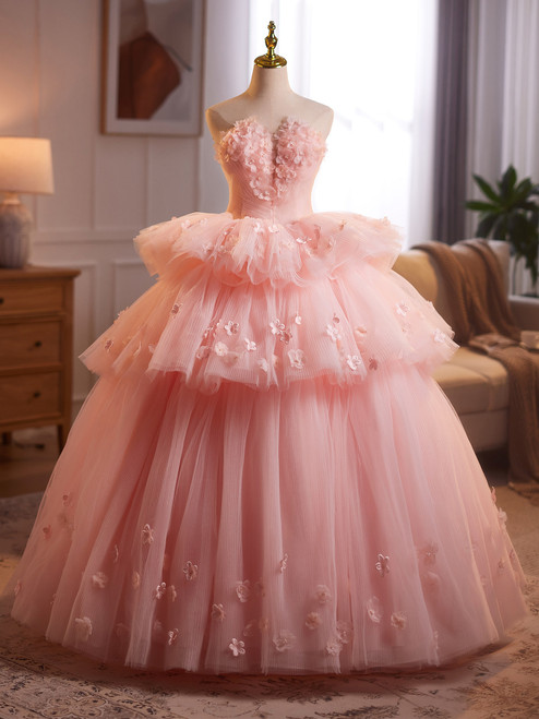 Pink Tulle Strapless 3D Flower Tiers Quinceanera Dress
