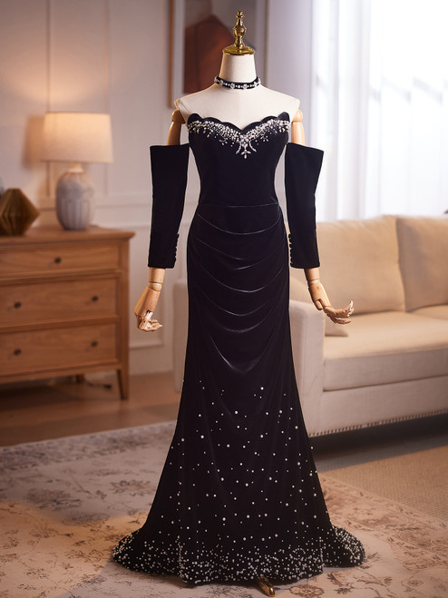 Black Mermaid Velvet Pleats Pearls Prom Dress