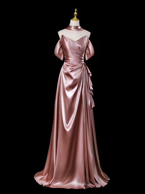 Simple Pink Satin Strapless Pleats Prom Dress