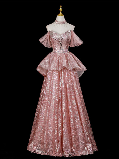 Pink Sequins Crystal Strapless Prom Dress