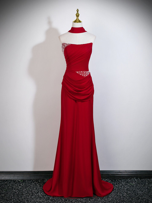 Burgundy Strapless Pleats Pearls Prom Dress