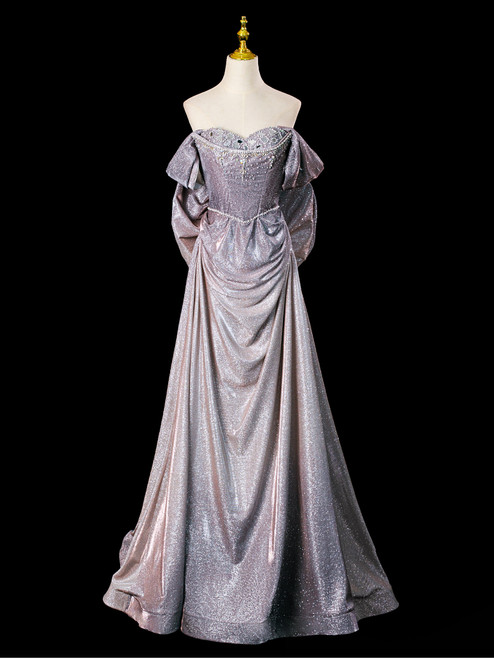 Silver Gray Strapless Beading Prom Dress