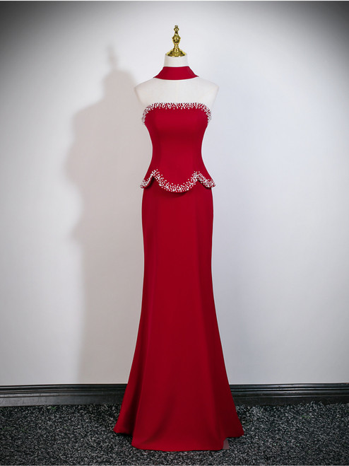 Burgundy Strapless Pearls Prom Dress