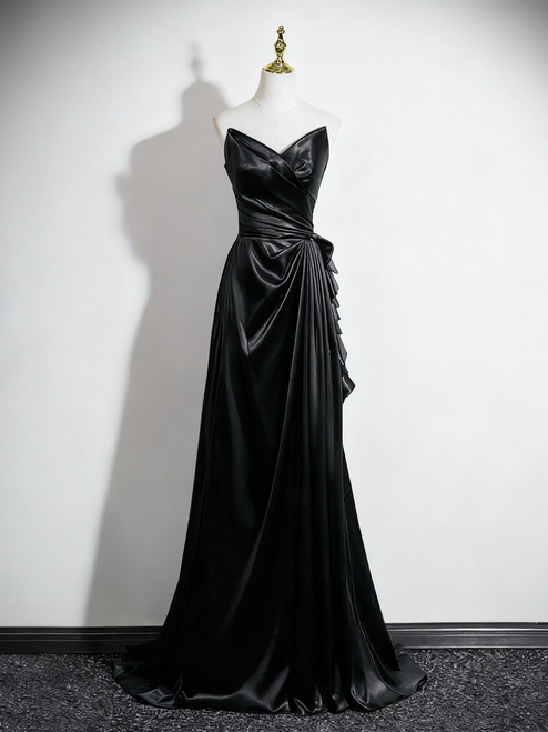 Elegant Black Satin Strapless Pleats Prom Dress
