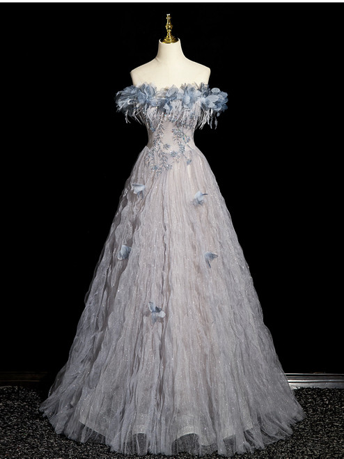 Blue Tulle Sequins Flower Beading Prom Dress