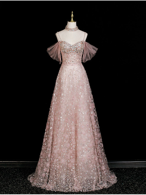 Pink Sequins Straps Beading Crystal Prom Dress