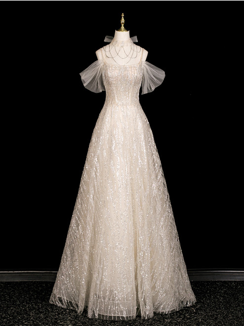 Champagne Sequins Straps Beading Prom Dress