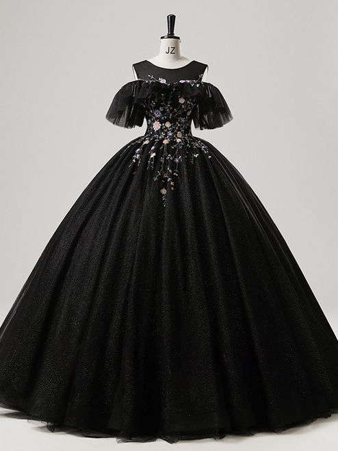 Black Tulle Sequins Appliques Beading Quinceanera Dress
