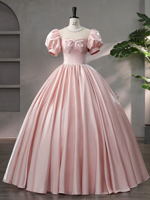 Pink Satin Beading Puff Sleeve Bow Quinceanera Dress