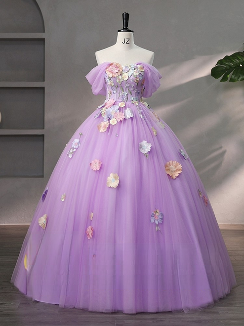 Purple Tulle Off the Shoulder 3D Flower Quinceanera Dress