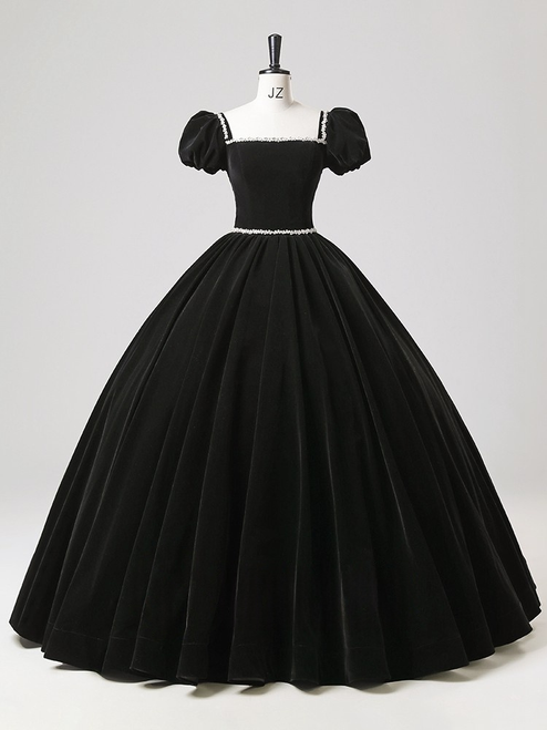 Black Velvet Short Sleeve Beading Quinceanera Dress