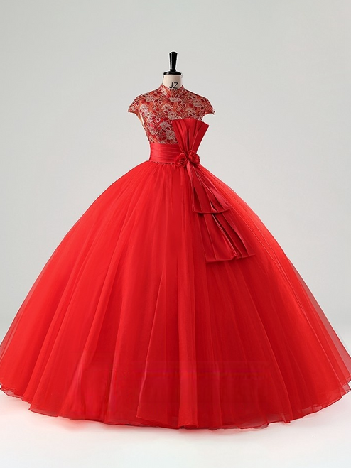 Red Tulle Cap Sleeve High Neck Quinceanera Dress