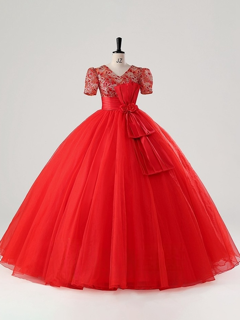 Red Tulle V-neck Short Sleeve Quinceanera Dress