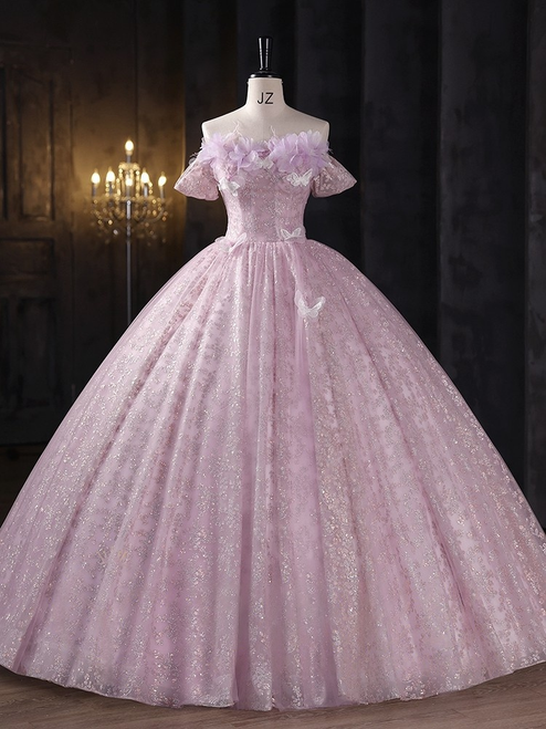 Purple Sequins Strapless Flower Quinceanera Dress