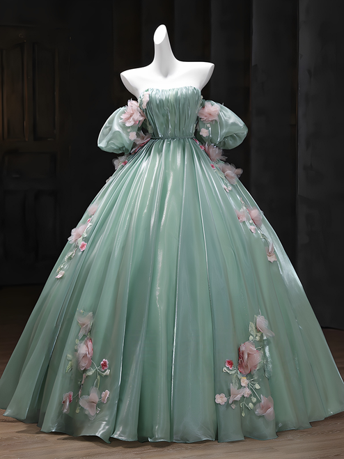 Green Tulle Strapless Appliques Quinceanera Dress