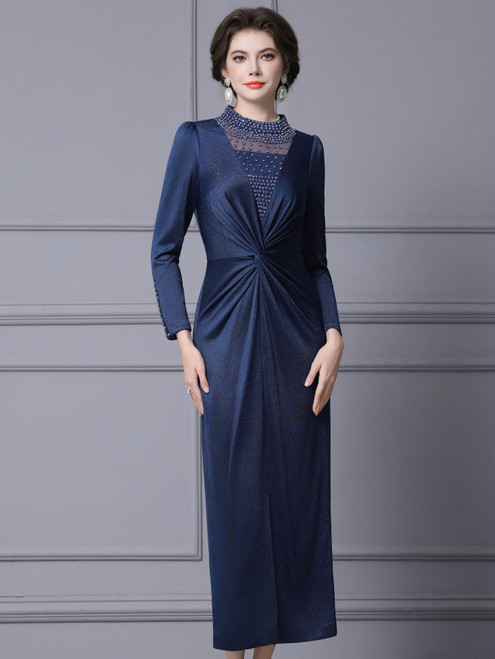 Navy Blue Long Sleeve Pleats Beading Mother Of The Bride Dress