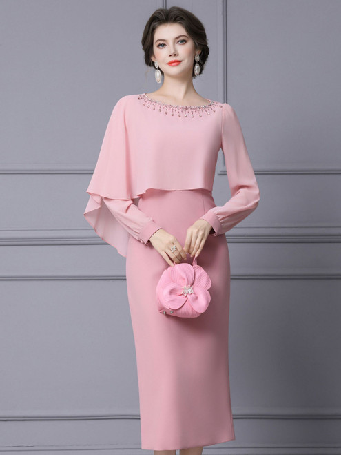 Pink Long Sleeve Crystal Beading Mother Of The Bride Dress