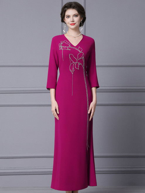 Fuchsia V-neck 3/4 Sleeve Mother Of The Bride Dress