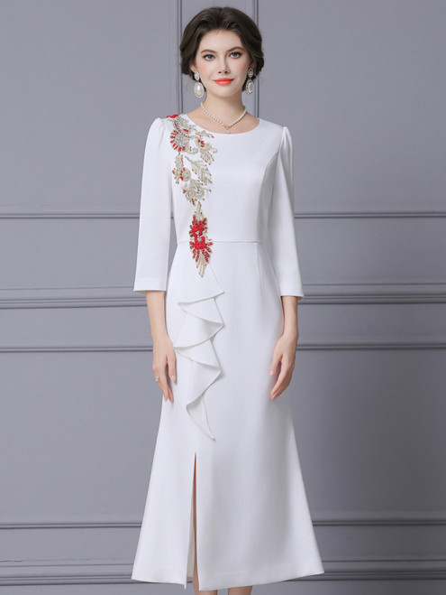 White Long Sleeve Split Beading Mother Of The Bride Dress