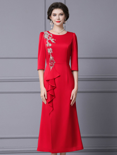 Elegance Red Long Sleeve Beading Mother Of The Bride Dress