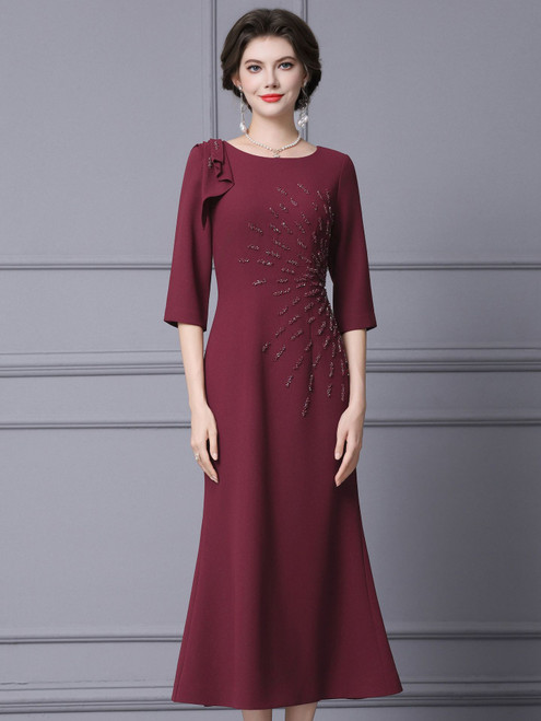 Burgundy Short Sleeve Beading Mother Of The Bride Dress