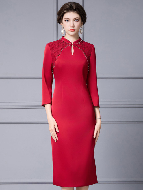 Red Satin Long Sleeve Lace Beading Mother Of The Bride Dress