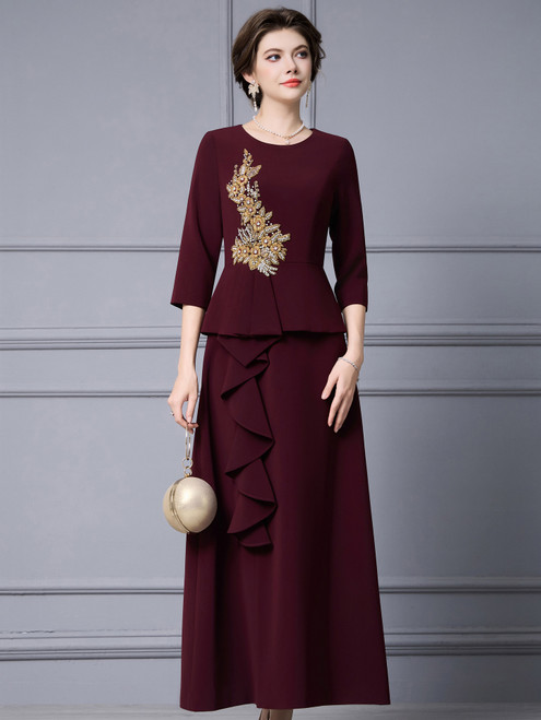 Fabulous Burgundy Short Sleeve Beading Mother Of The Bride Dress