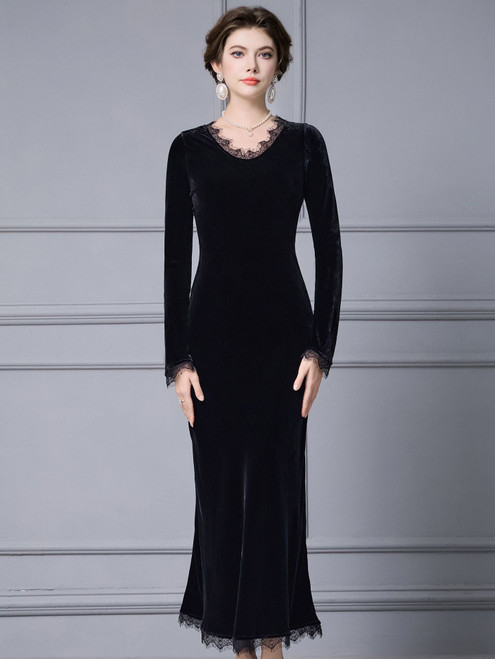 Black Velvet Long Sleeve Lace Mother Of The Bride Dress