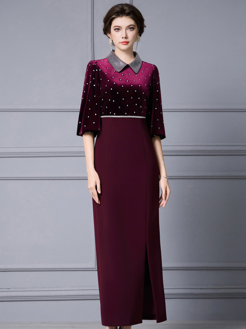 New arrivals Burgundy Velvet Short Sleeve Beading Mother Of The Bride Dress