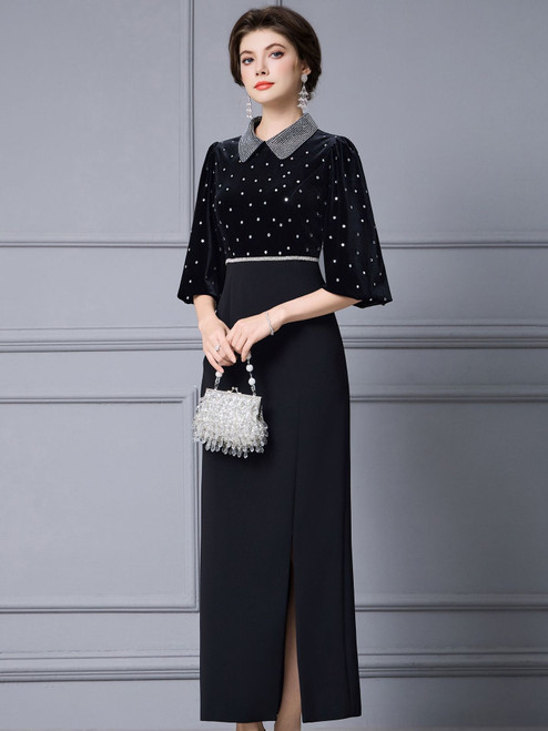 Black Velvet Short Sleeve Beading Mother Of The Bride Dress