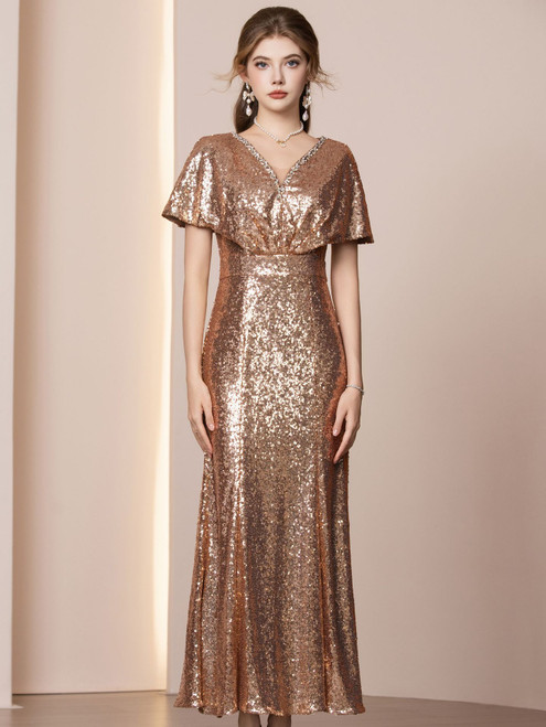 Gold Sequins V-neck Short Sleeve Beading Mother of the Bride Dress