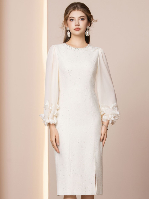 Beige Long Sleeve Beading Mother of the Bride Dress