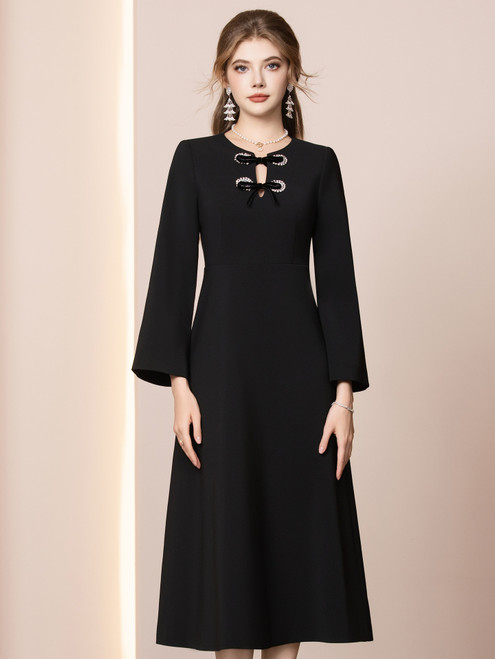 Black Long Sleeve Beading Bow Mother of the Bride Dress