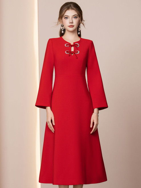 Red Long Sleeve Beading Bow Mother of the Bride Dress