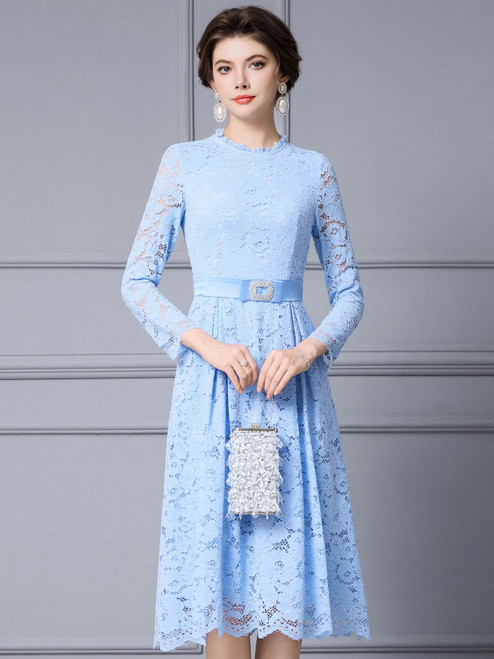 Blue Lace Long Sleeve Mother of the Bride Dress