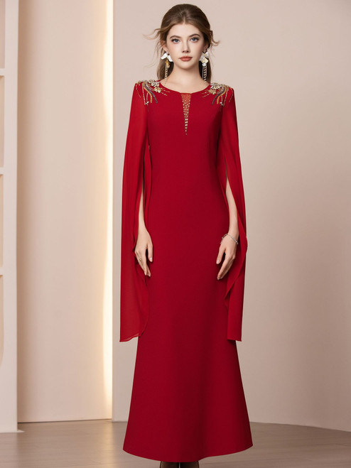 Causal Red Scoop Neck Beading Mother of the Bride Dress