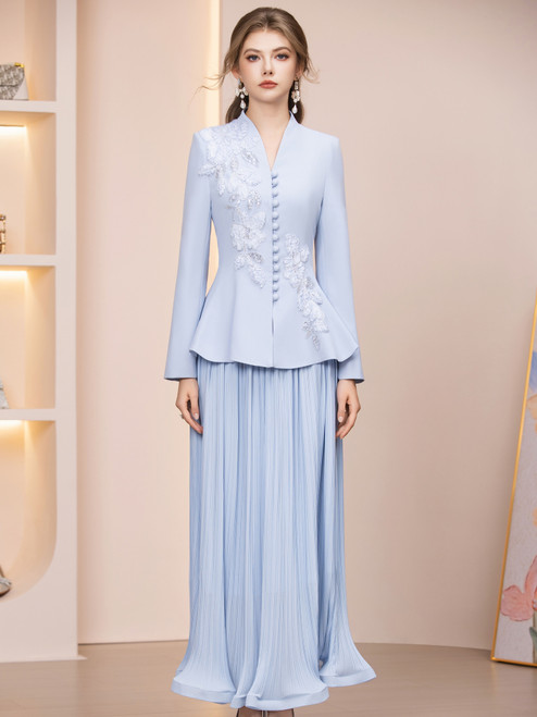 Blue Long Sleeve V-neck Appliques Mother of the Bride Dress