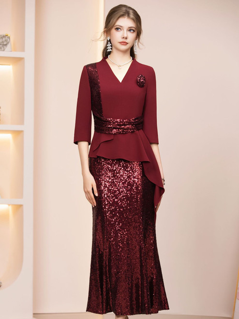 Burgundy Short Sleeve Sequins Mother of the Bride Dress