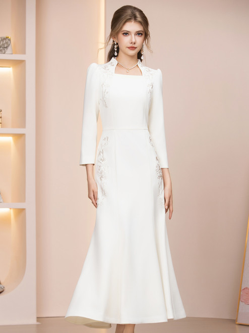 Long Sleeve Tea Length Mother of the Bride Dress