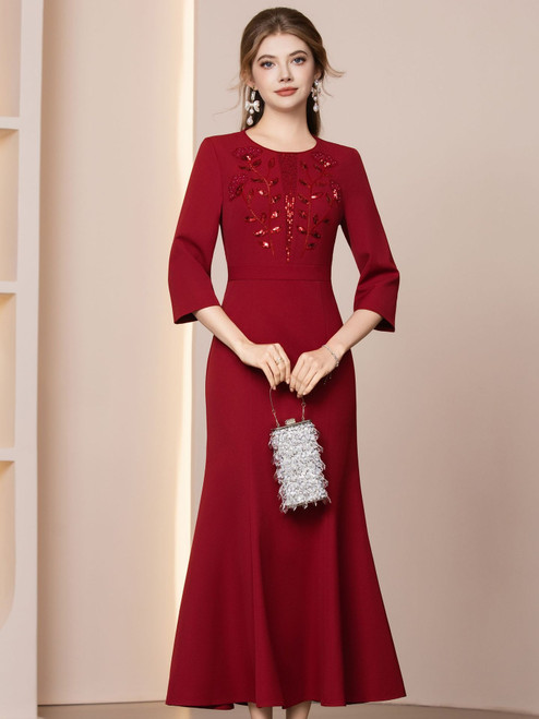 Burgundy Short Sleeve Sequins Beading Mother of the Bride Dress