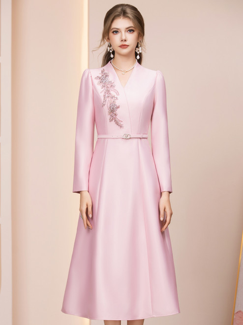 Pink Satin Long Sleeve V-neck Beading Mother of the Bride Dress
