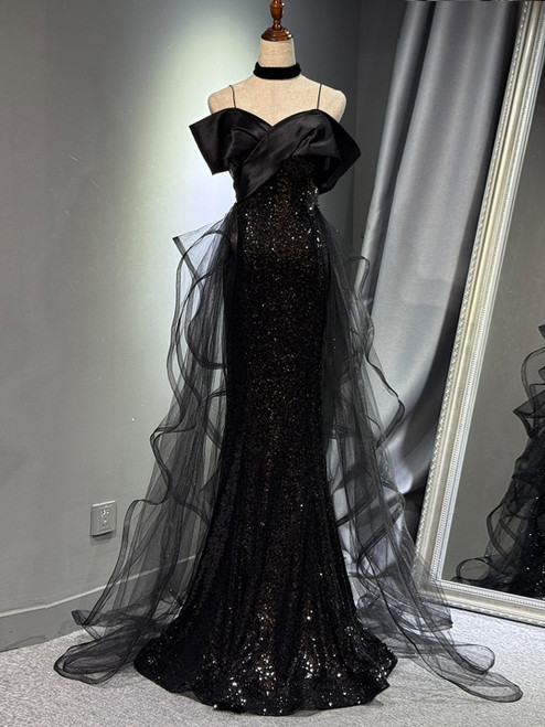 Black Mermaid Sequins Straps Prom Dress