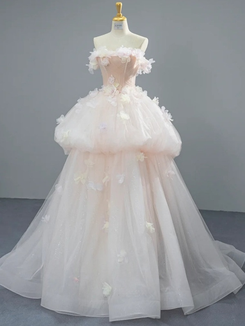 Pink Tulle Strapless 3D Flower Prom Dress
