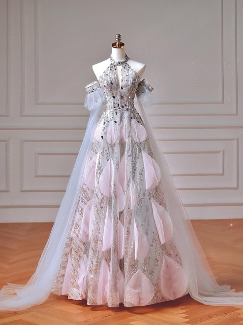 Silver Sequins Halter Prom Dress