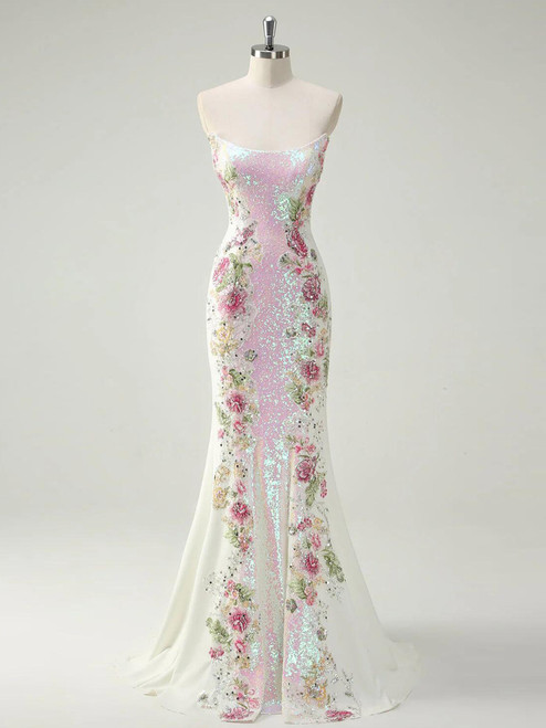 Pink Mermaid Sequins Strapless Prom Dress