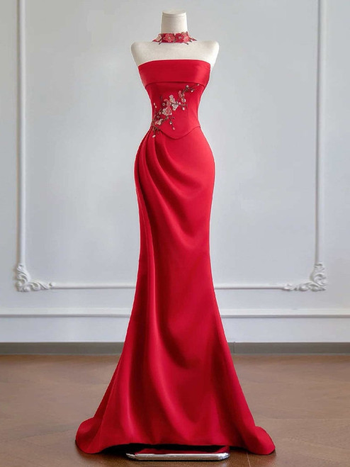 Red Mermaid Satin Strapless Appliques Prom Dress