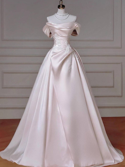 Light Pink Satin Appliques Wedding Dress